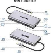 QGeeM 12 in 1 USB C Hub Laptop Docking Station Dual Monitor,Triple Display USB Type C Dock with 4K Dual HDMI,VGA,100W PD,Ethernet,4USB,SD/TF, Compatible for MacBook and Windows
