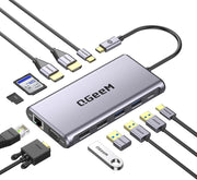 QGeeM 12 in 1 USB C Hub Laptop Docking Station Dual Monitor,Triple Display USB Type C Dock with 4K Dual HDMI,VGA,100W PD,Ethernet,4USB,SD/TF, Compatible for MacBook and Windows